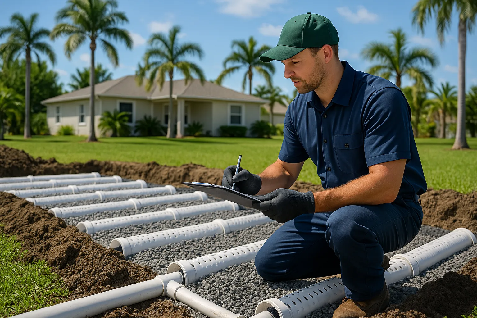 Drain technician inspecting drain field