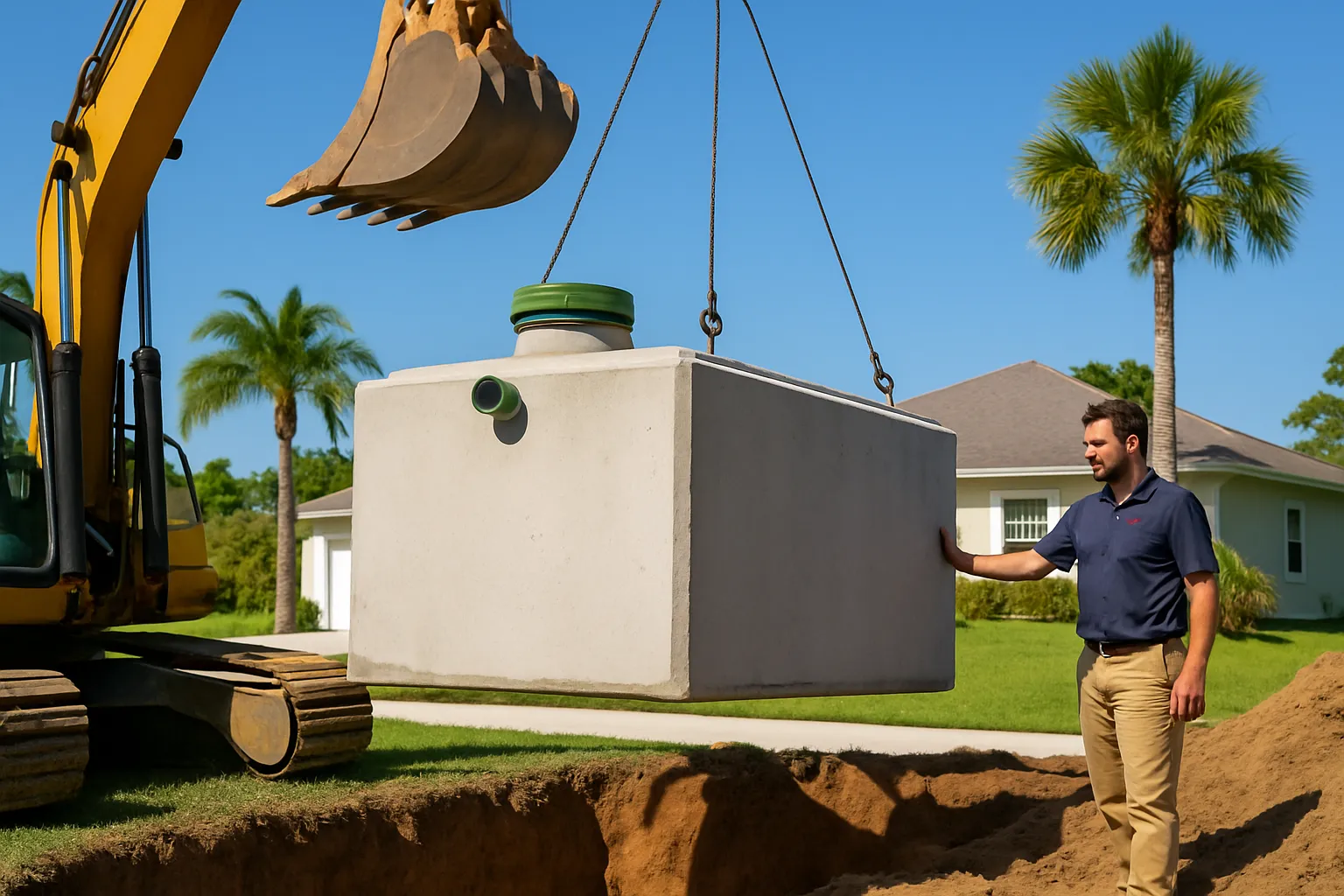Septic technician installing PVC drain field pipes in Florida lawn