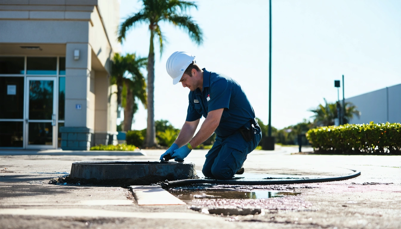 Septic technician inspecting a commercial septic access lid in sunny Florida