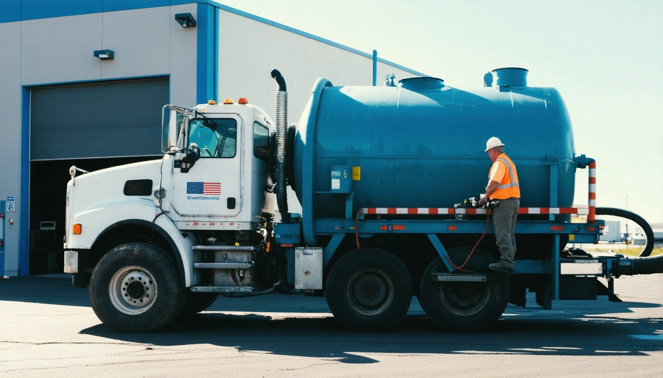 Technician managing a septic pump truck connected to a commercial system