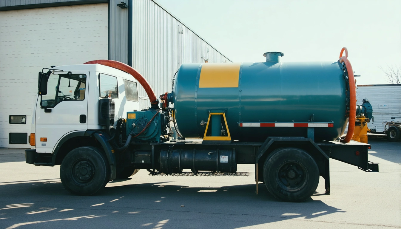 Technician managing a septic pump truck connected to a commercial system