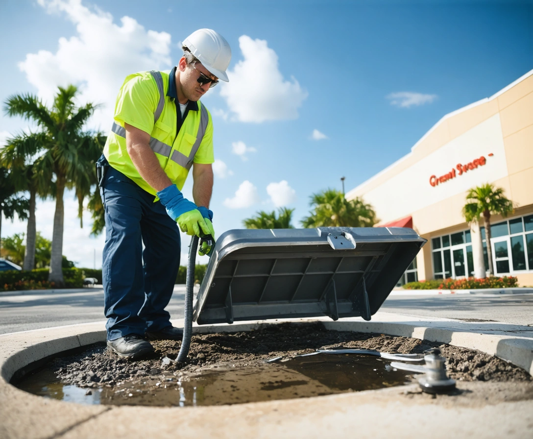 Technician in uniform opening a grease trap system lid in sunny Florida