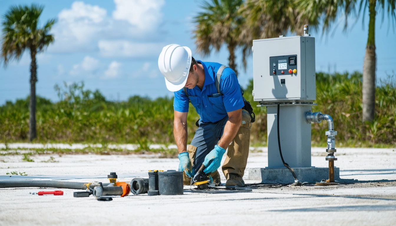 Septic technician servicing a lift station panel on a sunny Florida day