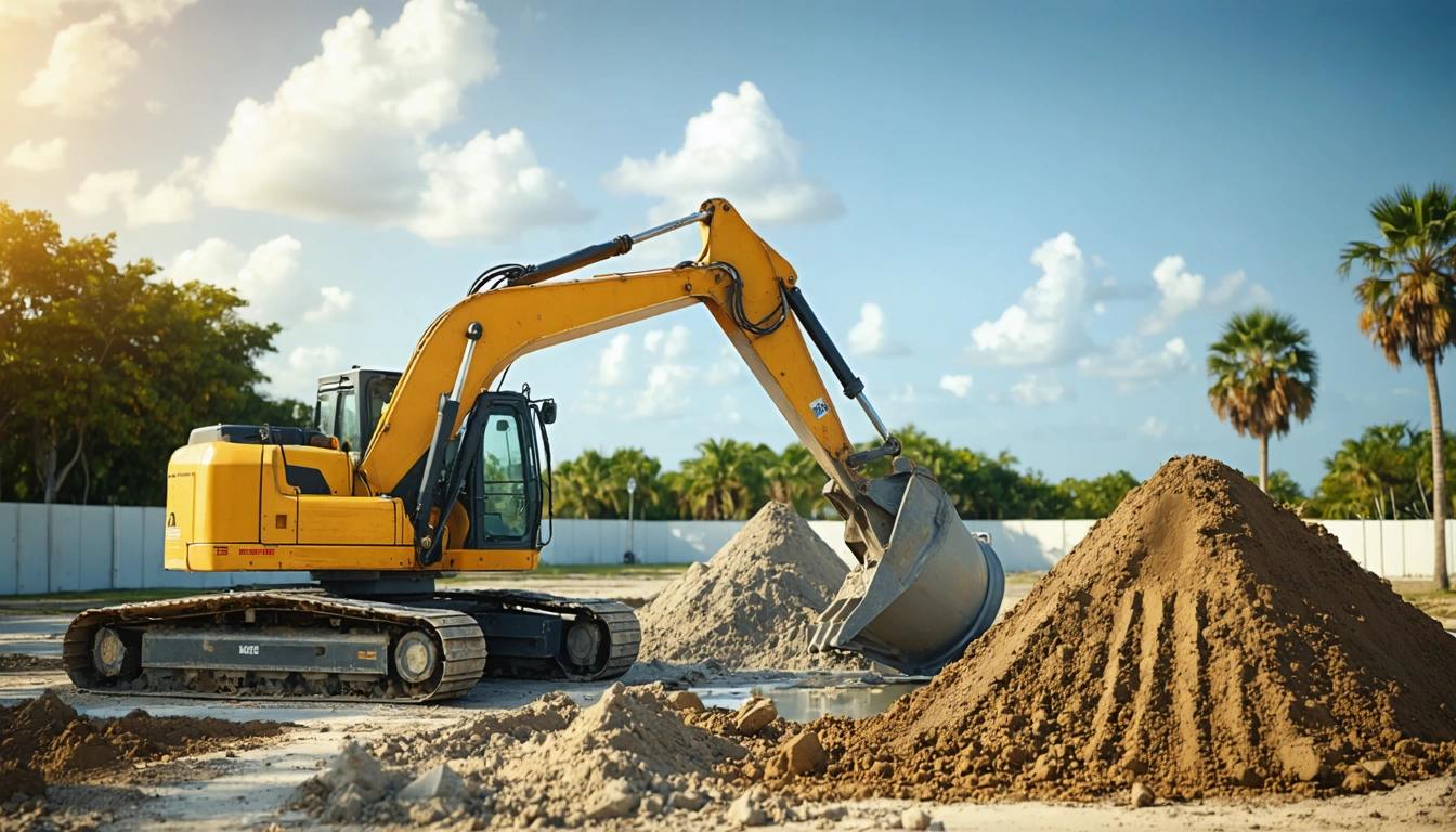Backhoe lowering a concrete septic tank guided by a technician in Florida