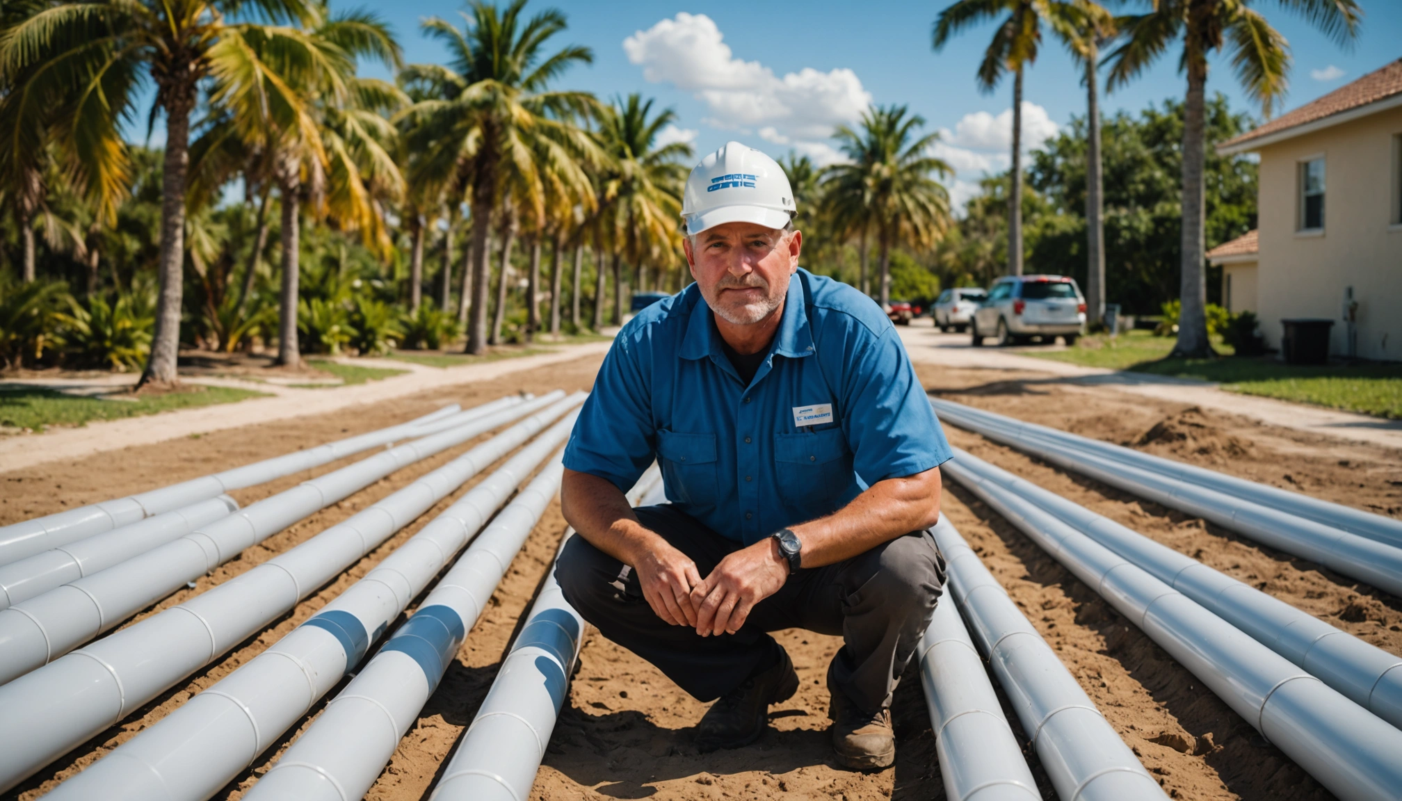 Septic technician inspecting a trench with new PVC pipes in sunny Florida
