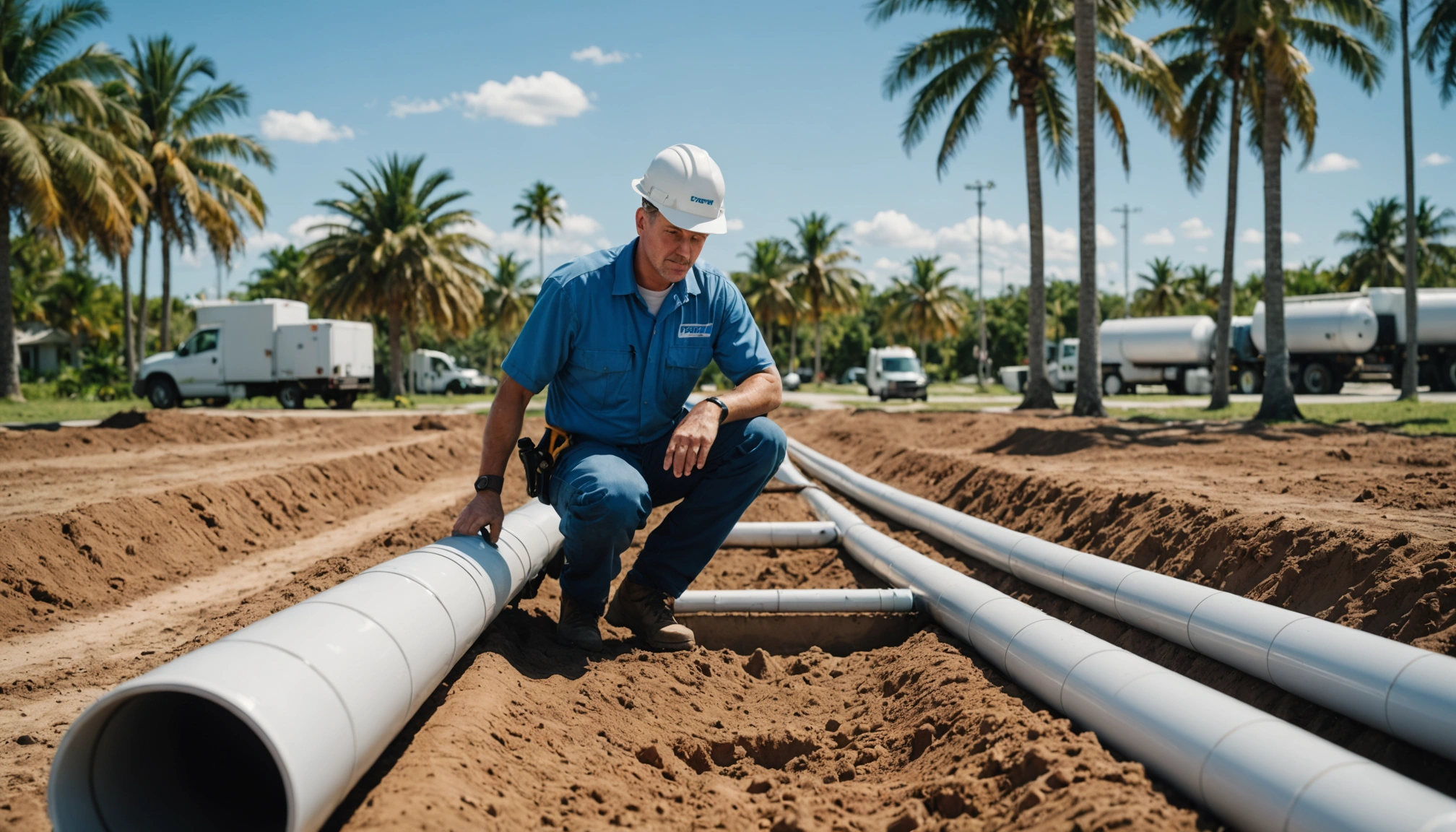 Septic technician inspecting new PVC pipes in a trench on a sunny day