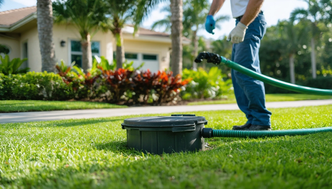 Septic technician preparing to pump a tank in a sunny Florida backyard