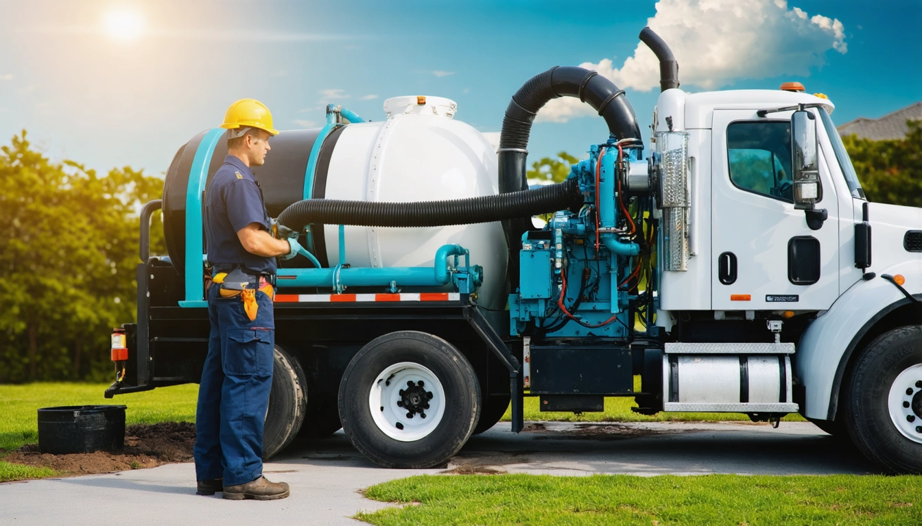 Technician connecting septic pump truck hose to a residential tank under Florida sky