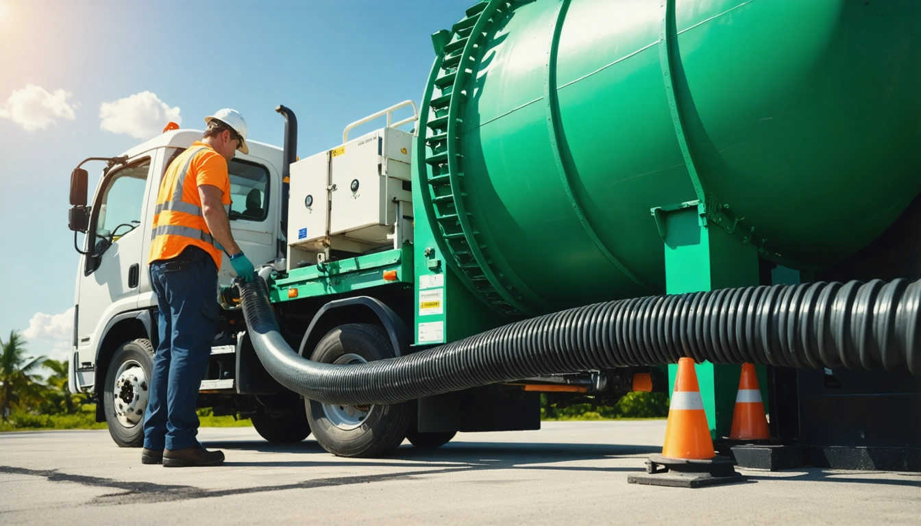 Technician connecting septic pump truck hose to a residential tank under Florida sky