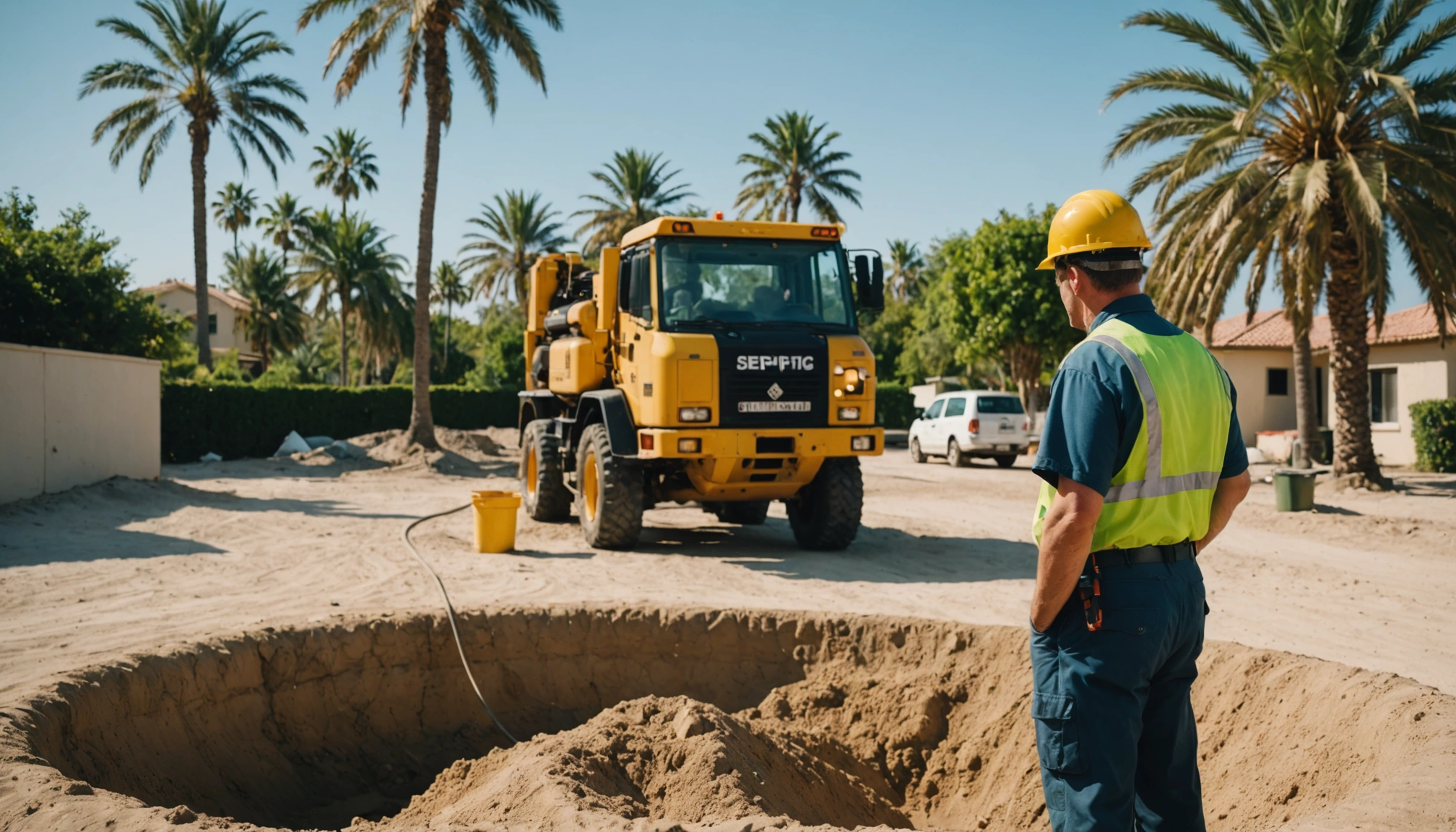 Septic technician filling an old tank with clean sand on a sunny day