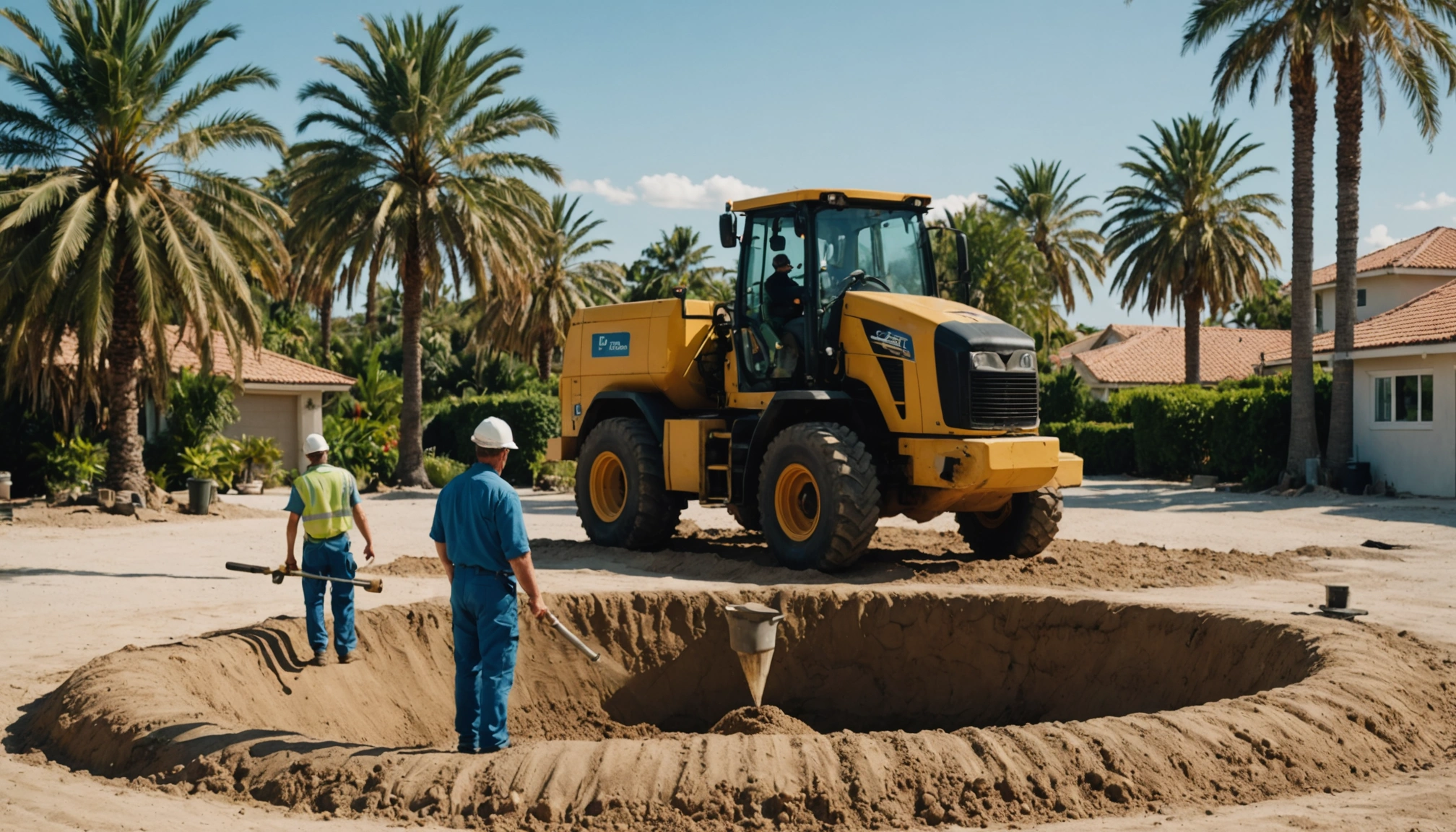 Septic technician supervising the filling of an old septic tank on a sunny day