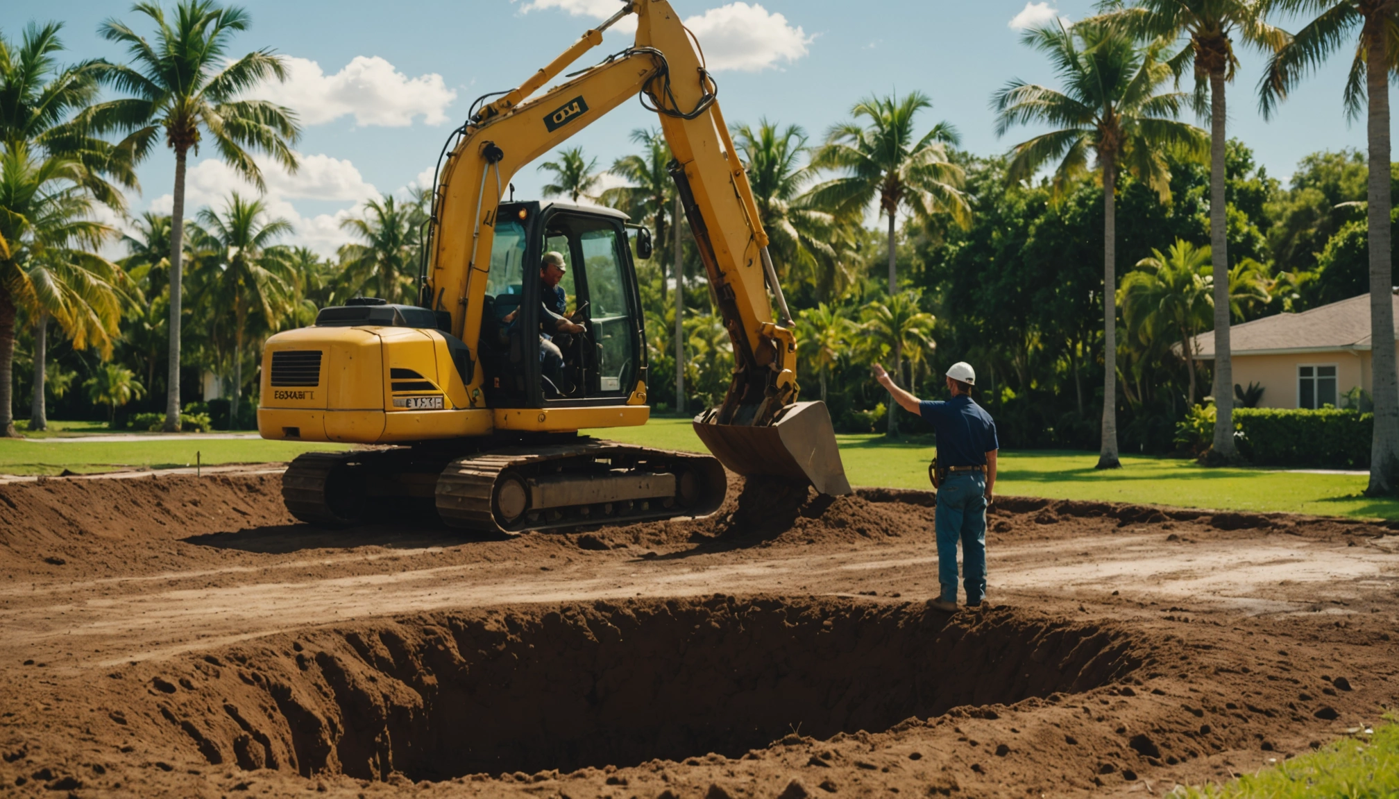 Backhoe filling a septic tank cavity under technician's direction in sunny Florida