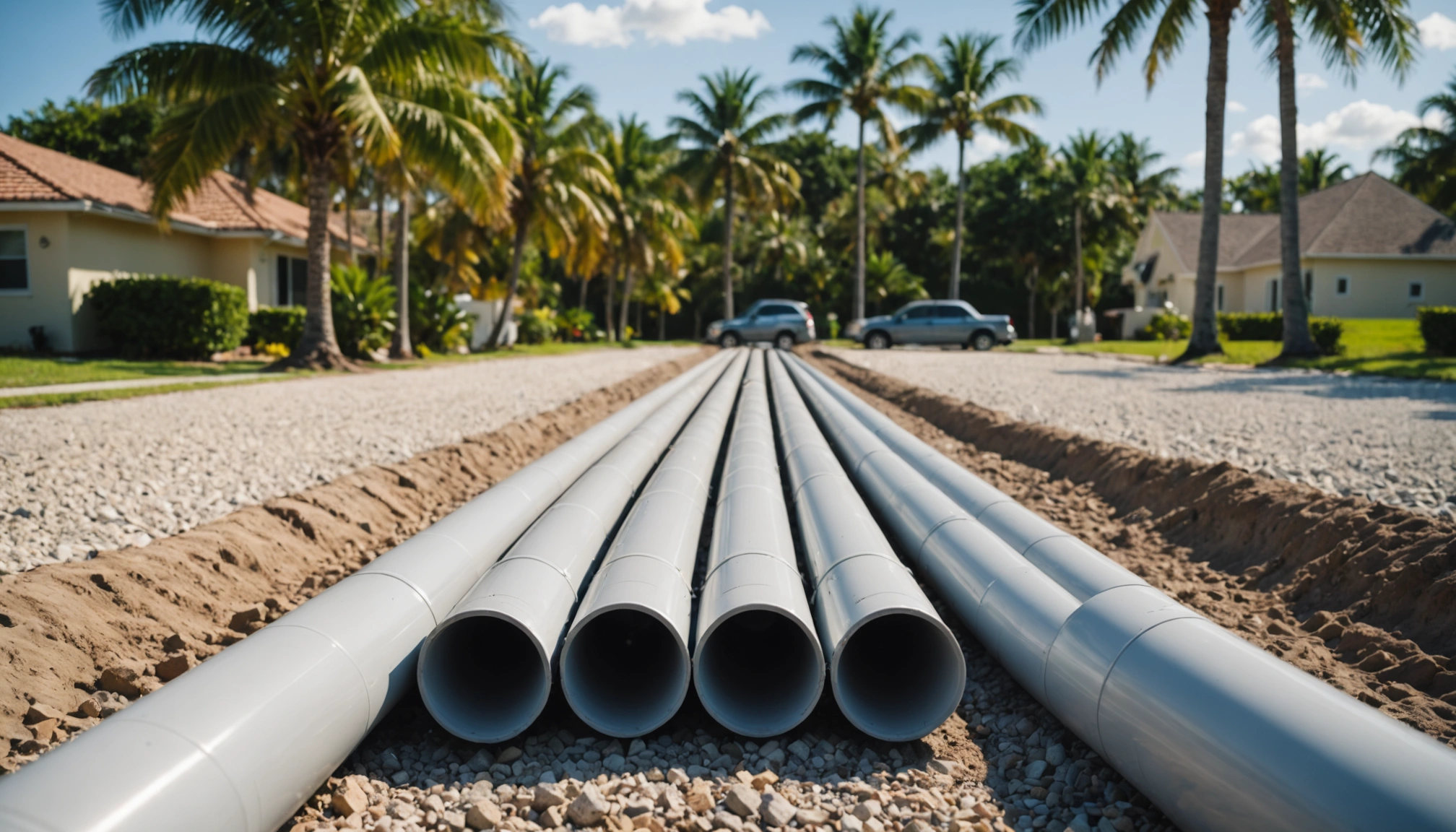 Septic technician installing PVC drain field pipes in Florida lawn