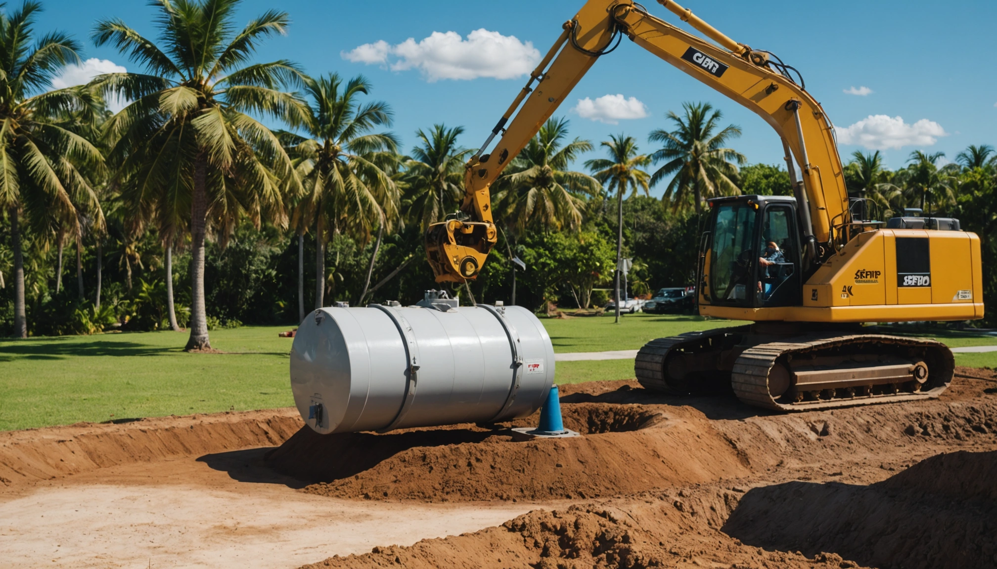 Technician guiding a new septic tank into the ground with a backhoe