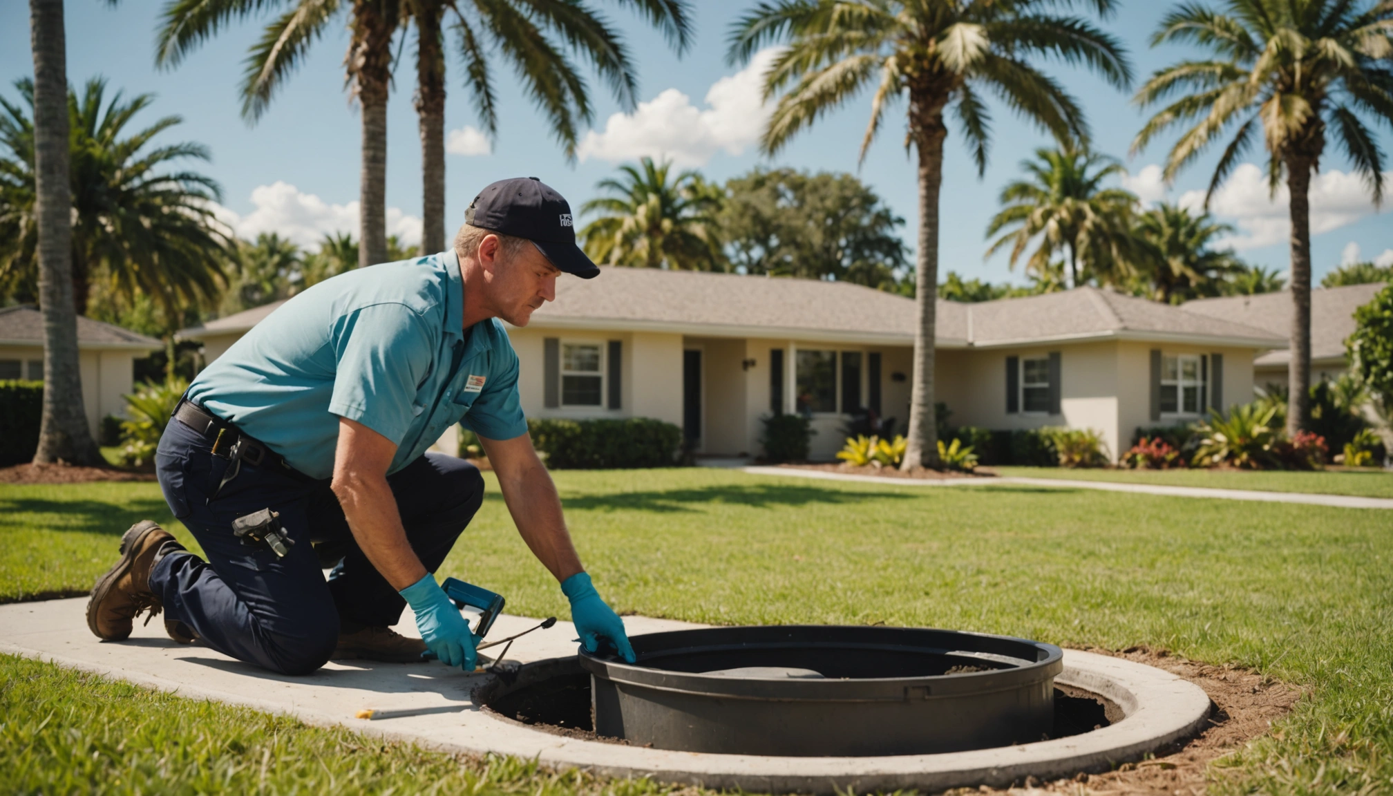 Septic technician inspecting a tank in a sunny Florida neighborhood