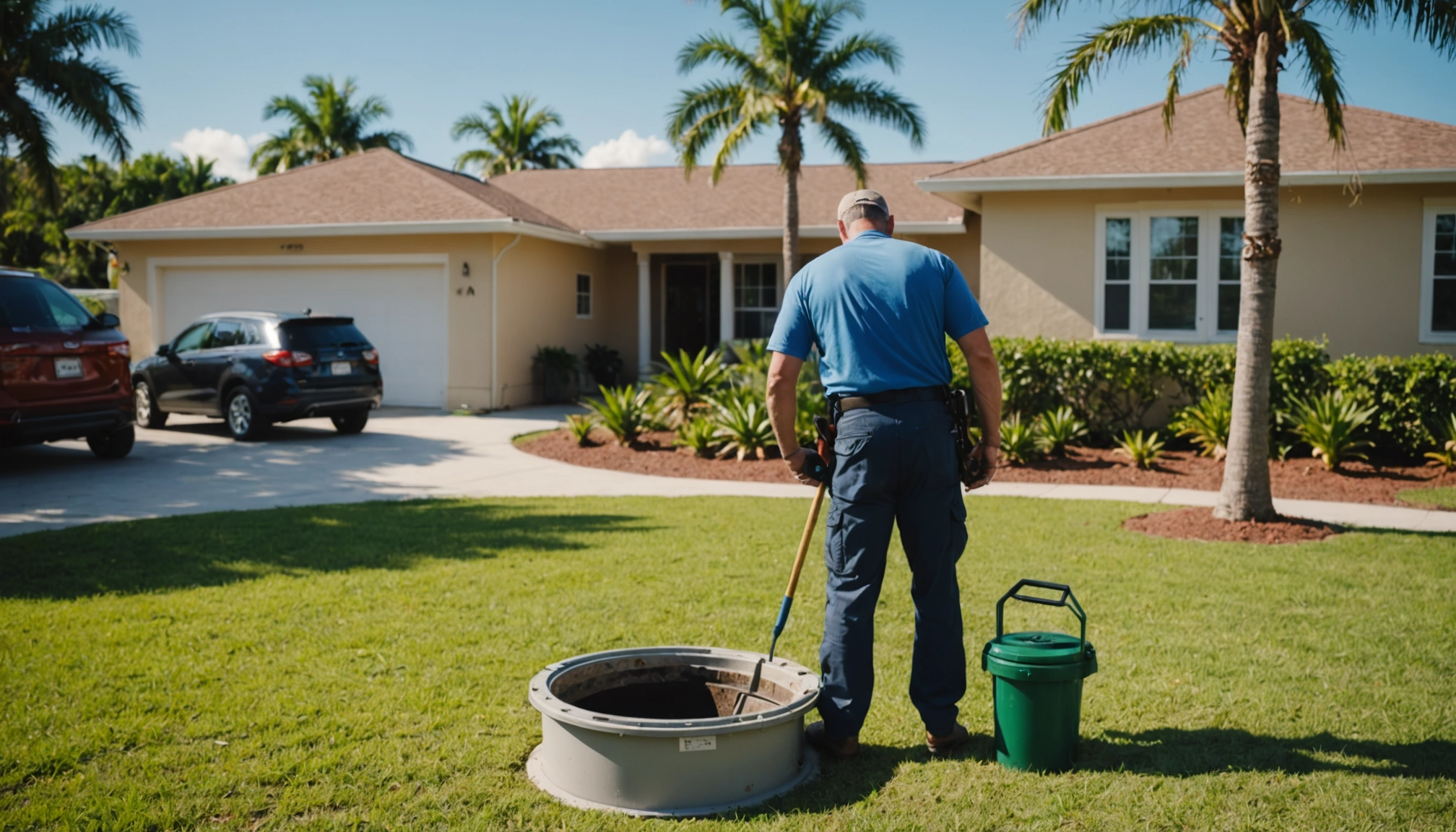 Septic technician inspecting a tank in a sunny Florida neighborhood