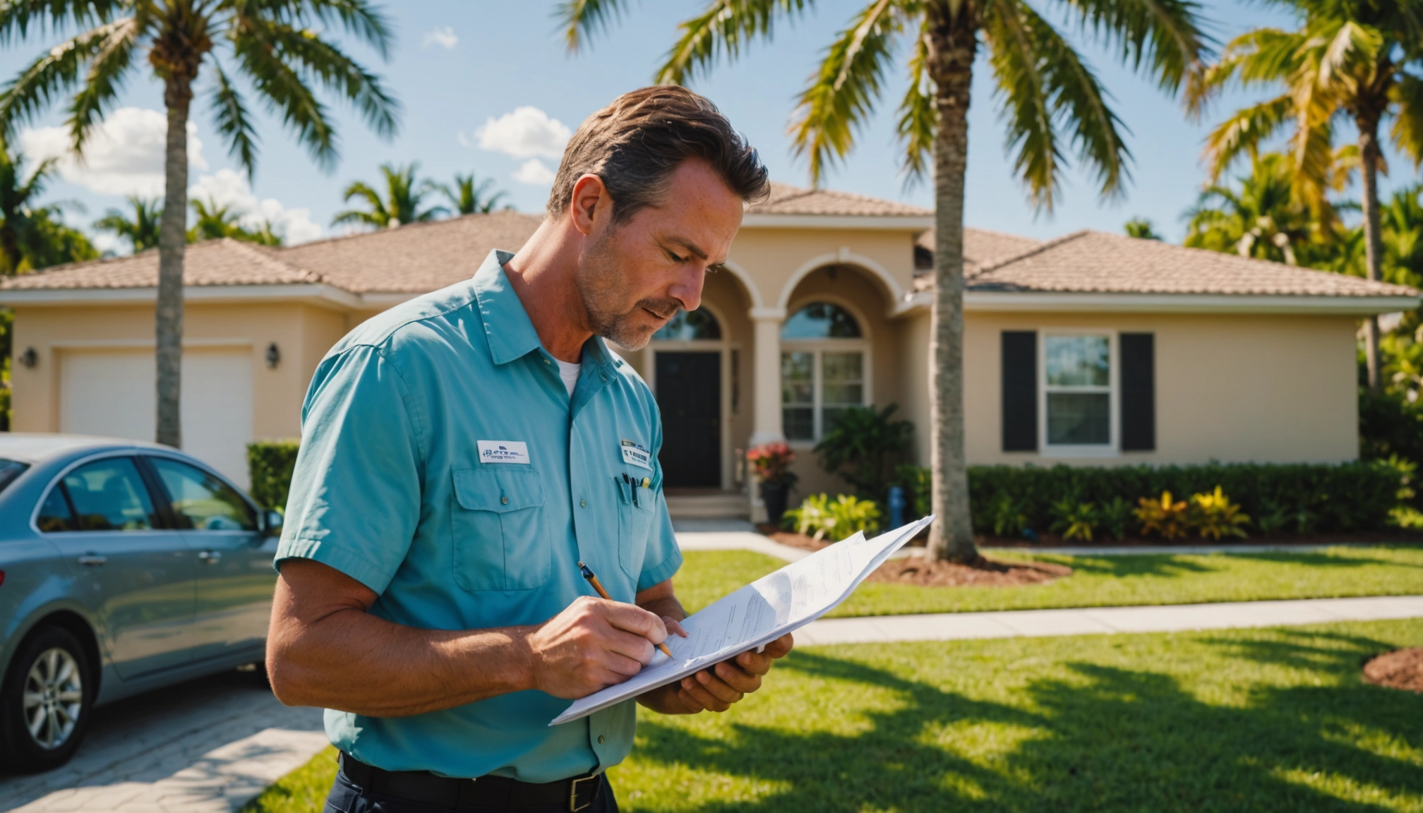 Septic technician discussing inspection paperwork with homeowner in sunny Florida