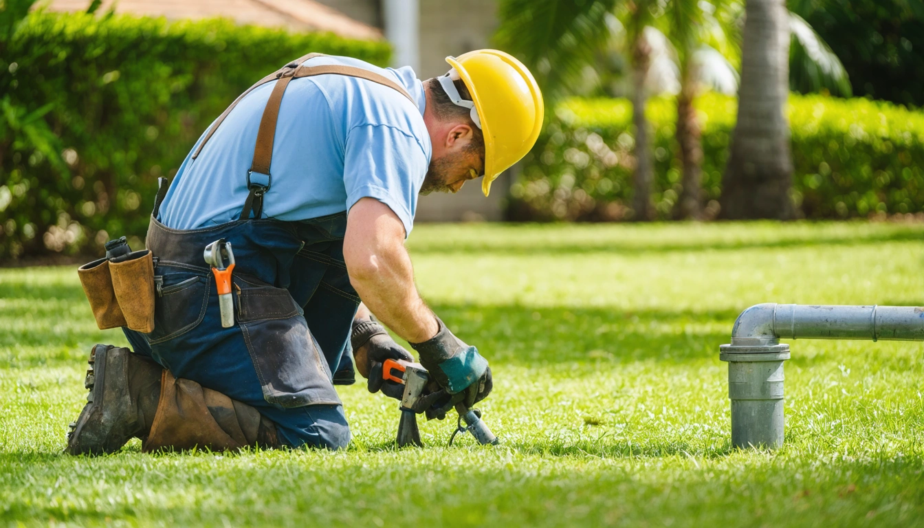Septic technician working on a pipe connection beside a septic tank in Florida