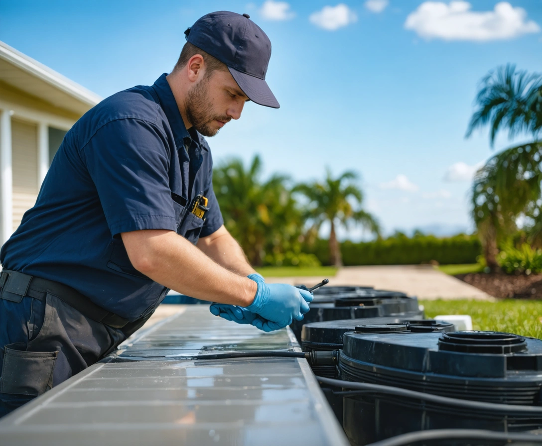 Septic technician performing maintenance on a residential control panel